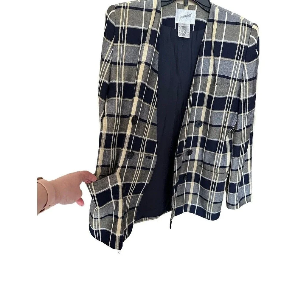 Jacquline ferrar Vintage 1980’s Rayon Navy/gray plaid Blazer jacket women’s Sz 6 - Picture 7 of 15